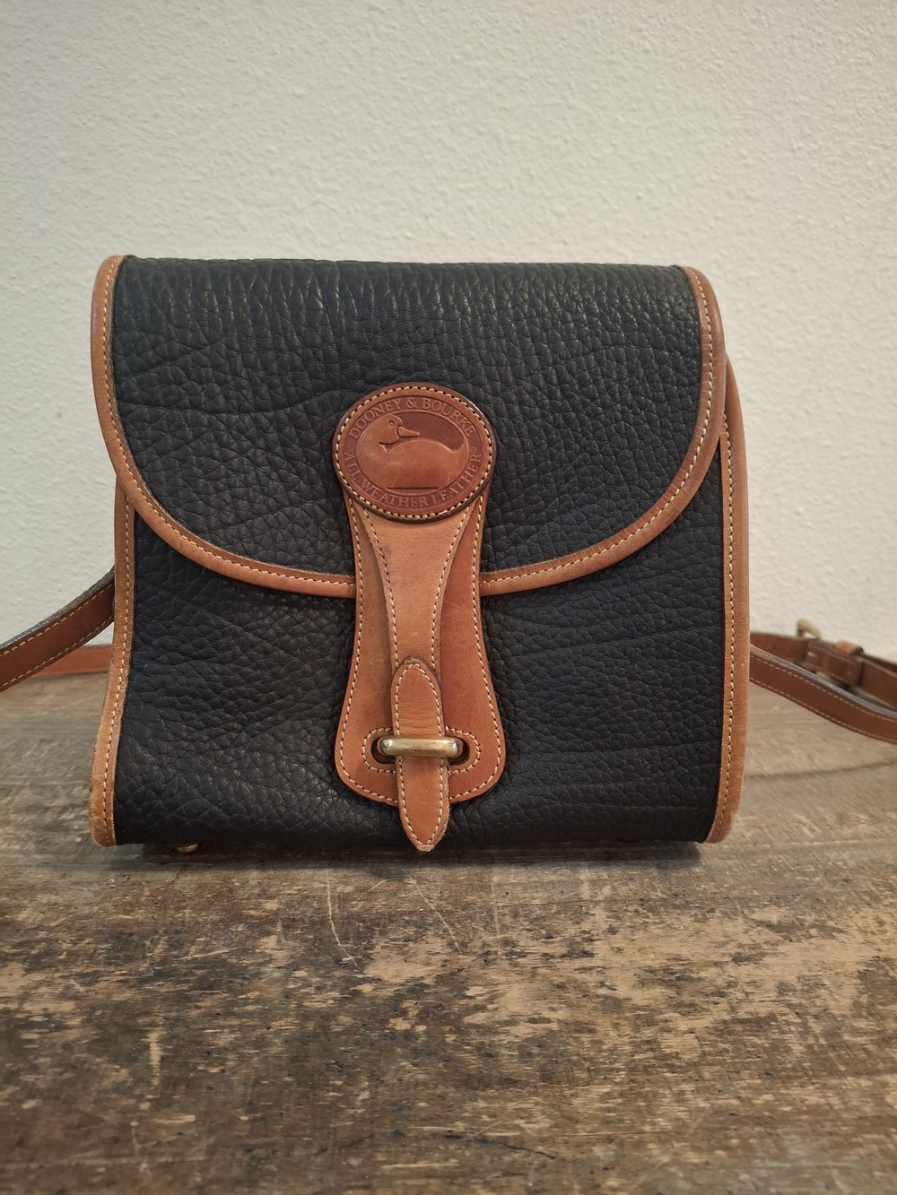 Vintage Dooney & Bourke Black Pebbled Leather Crossbody with Tan Trim